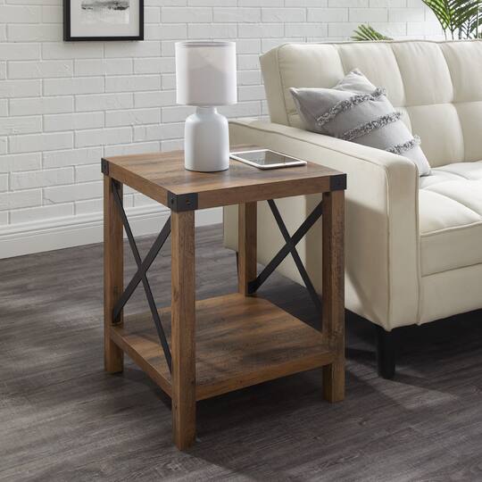 Walker Edison Reclaimed Barnwood Metal X-Frame Rustic Wood Side Table